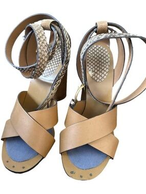 Gucci Women’s Tan Leather Cross-Strap Sandals with Python Ankle Wrap